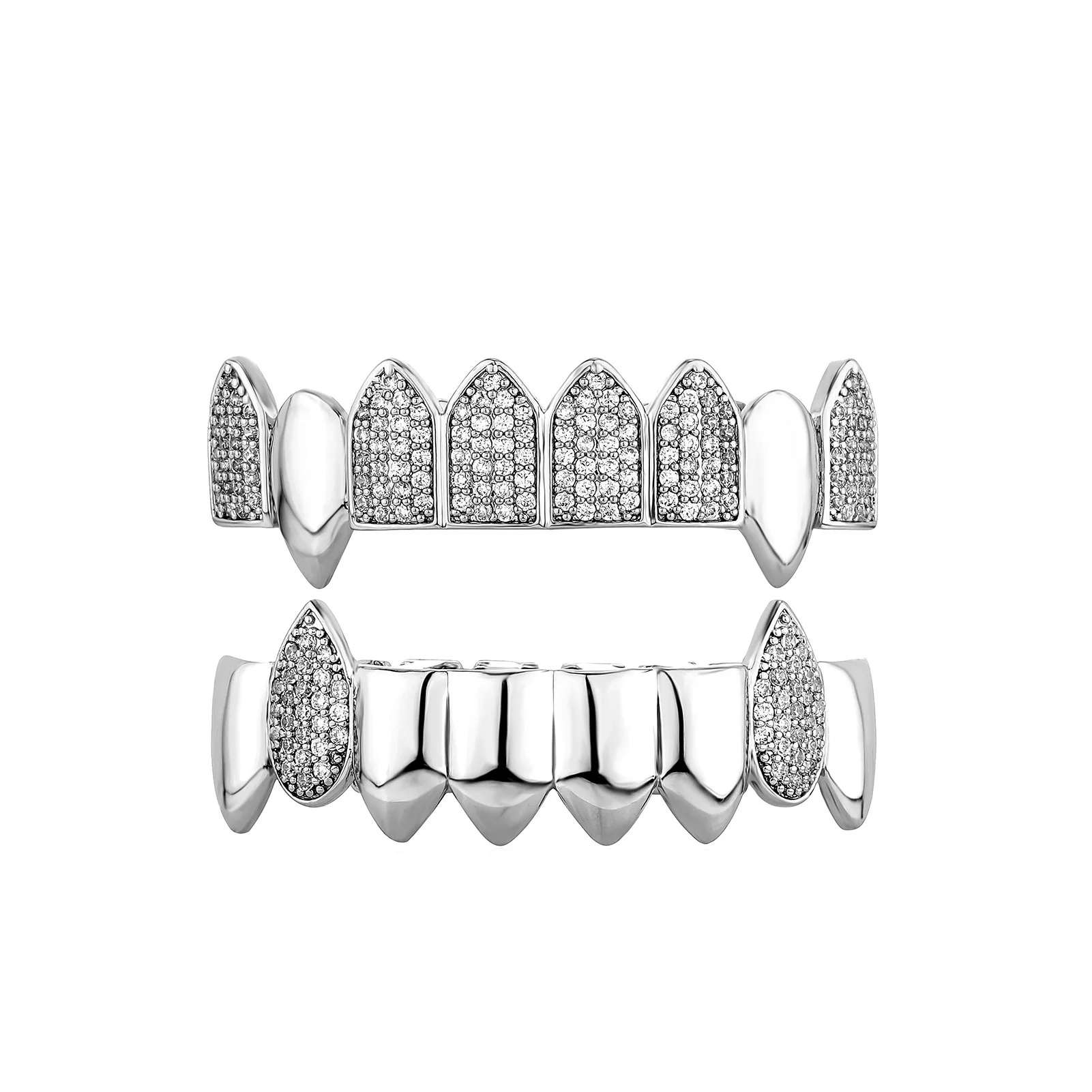 Half Iced Solid Fang Grillz Gold Silver Plated Zircon Tooth Caps Hip Hop Rapper Cosplay Mouth Jewelry Wholesale