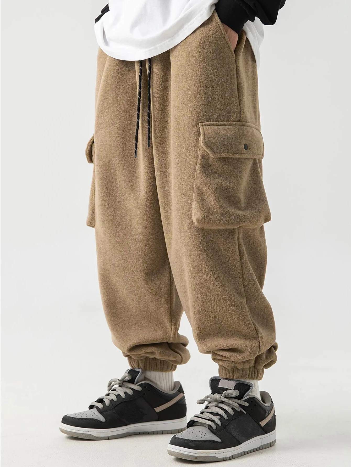 

Мужские однотонные брюки с боковыми карманами, повседневные брюки стандартного кроя для активного отдыха, брюки из поларфлиса до щиколотки, рабочие брюки.