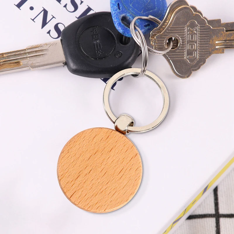 (NEW) 20Pcs Blank Round Wooden Keychain DIY Wooden Keychain Key Tag Gift