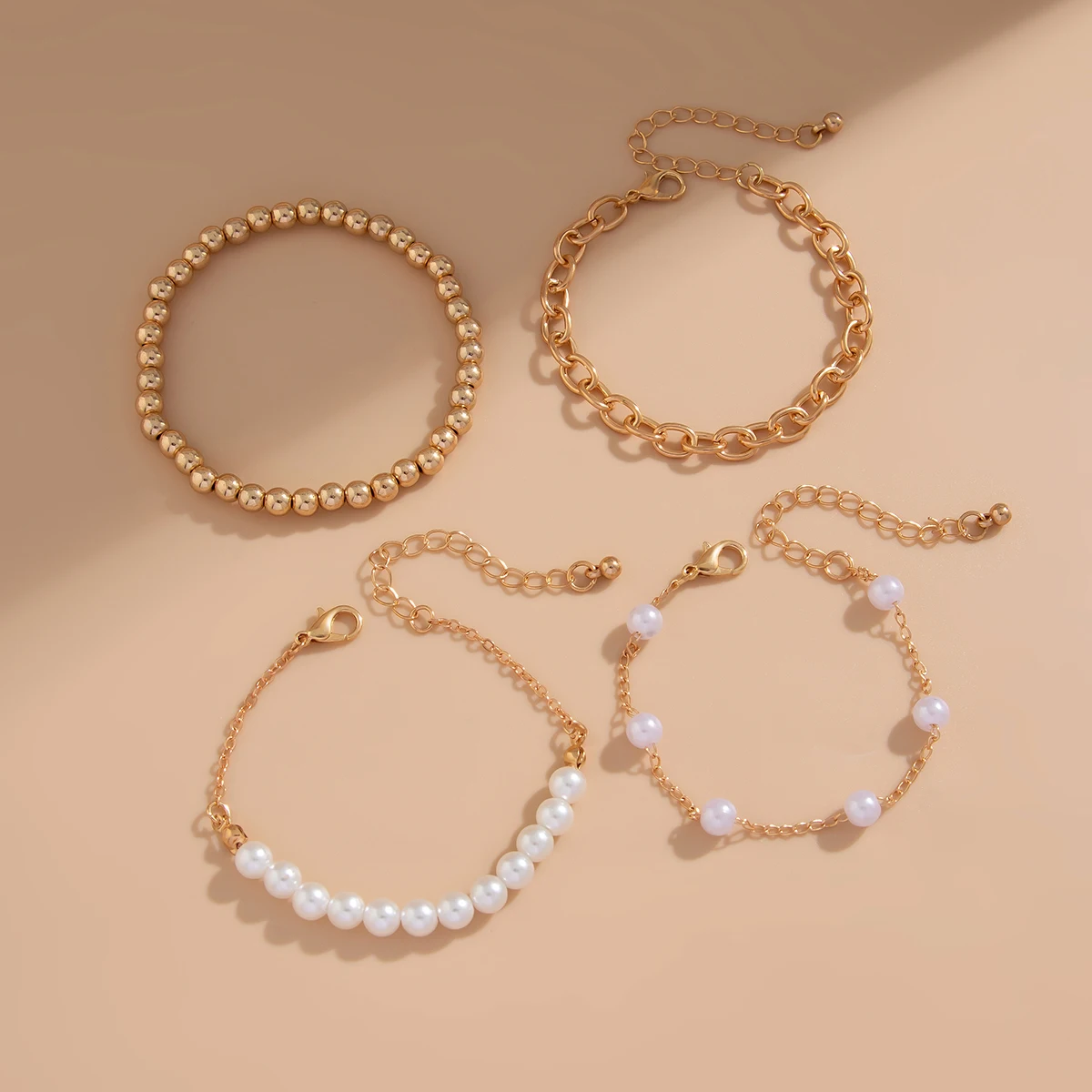 SHIXIN 4pcs Fashion Statement CCB Bead Imitation Pearl Bracelet Set for Women Simple Gold Color Adjustable Chain Bracelet on Han