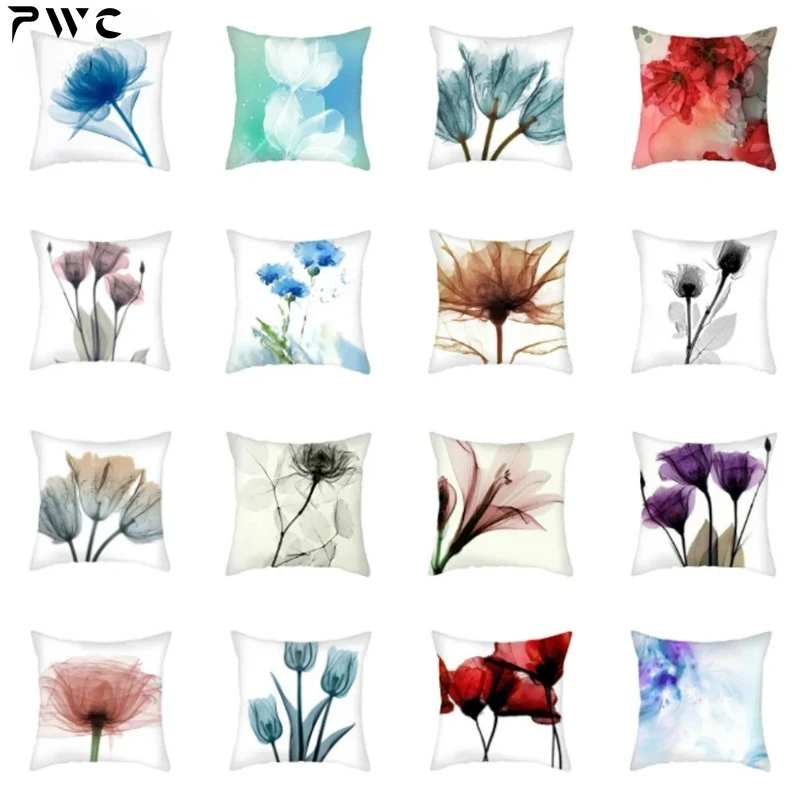 Ink Flower Printing Polyester Cushion Cover Floral Pattern Pillowcase Home Car Bedroom Couch Decorative Pillow Cover 45x45cm