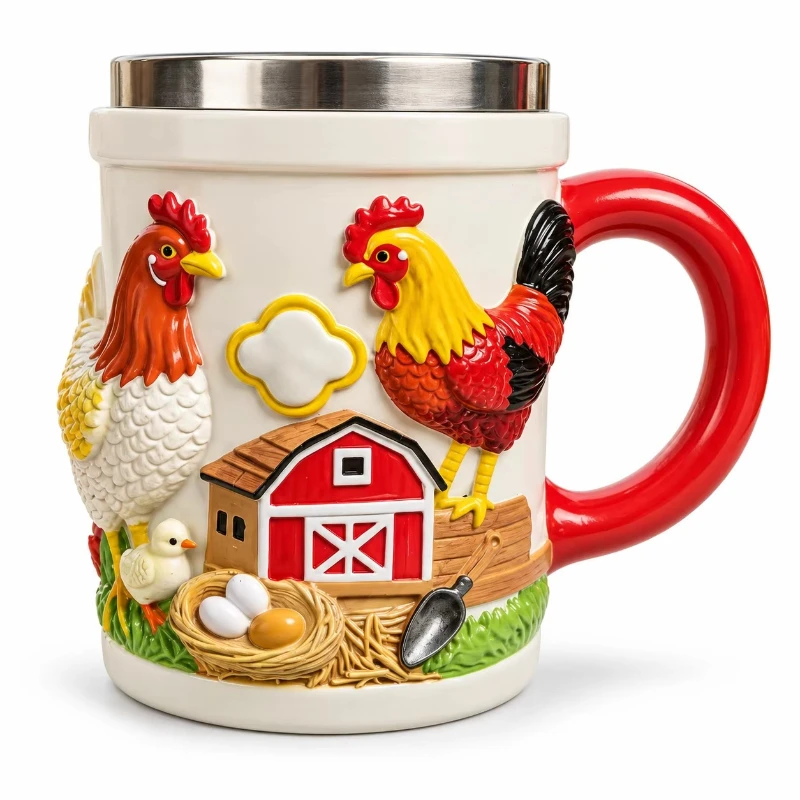 3D Resin Farmhouse Chicken Mug, Rooster Shaped Coffee Cup, Country Kitchen Decor, Novelty Drinkware for Farm Lovers