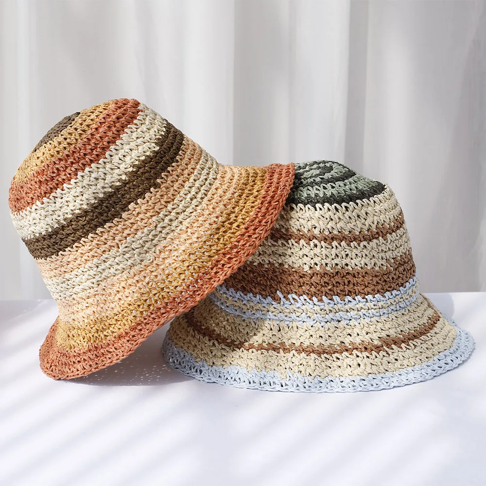 2024 New Korean Style Multicolor Foldable Sun Crochet Hat For Beach, Travel And Vacation handmade straw hat