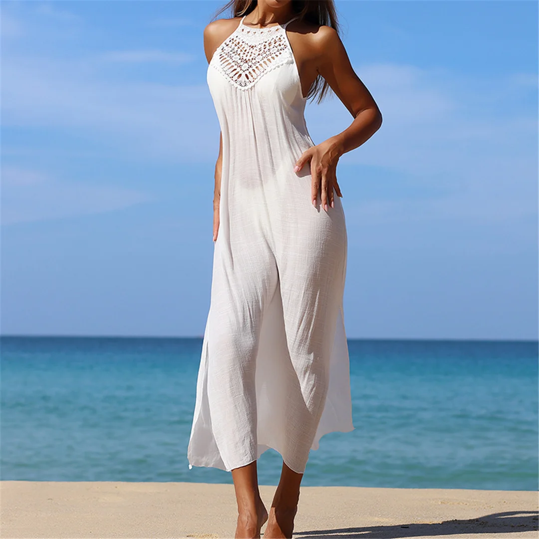Einfarbige, ausgeschnittene, ärmellose, gehäkelte, gestrickte Tunika, Strand-Überwurf, Strandkleid, Strandbekleidung, Damenbekleidung, V7642 – Detail 4