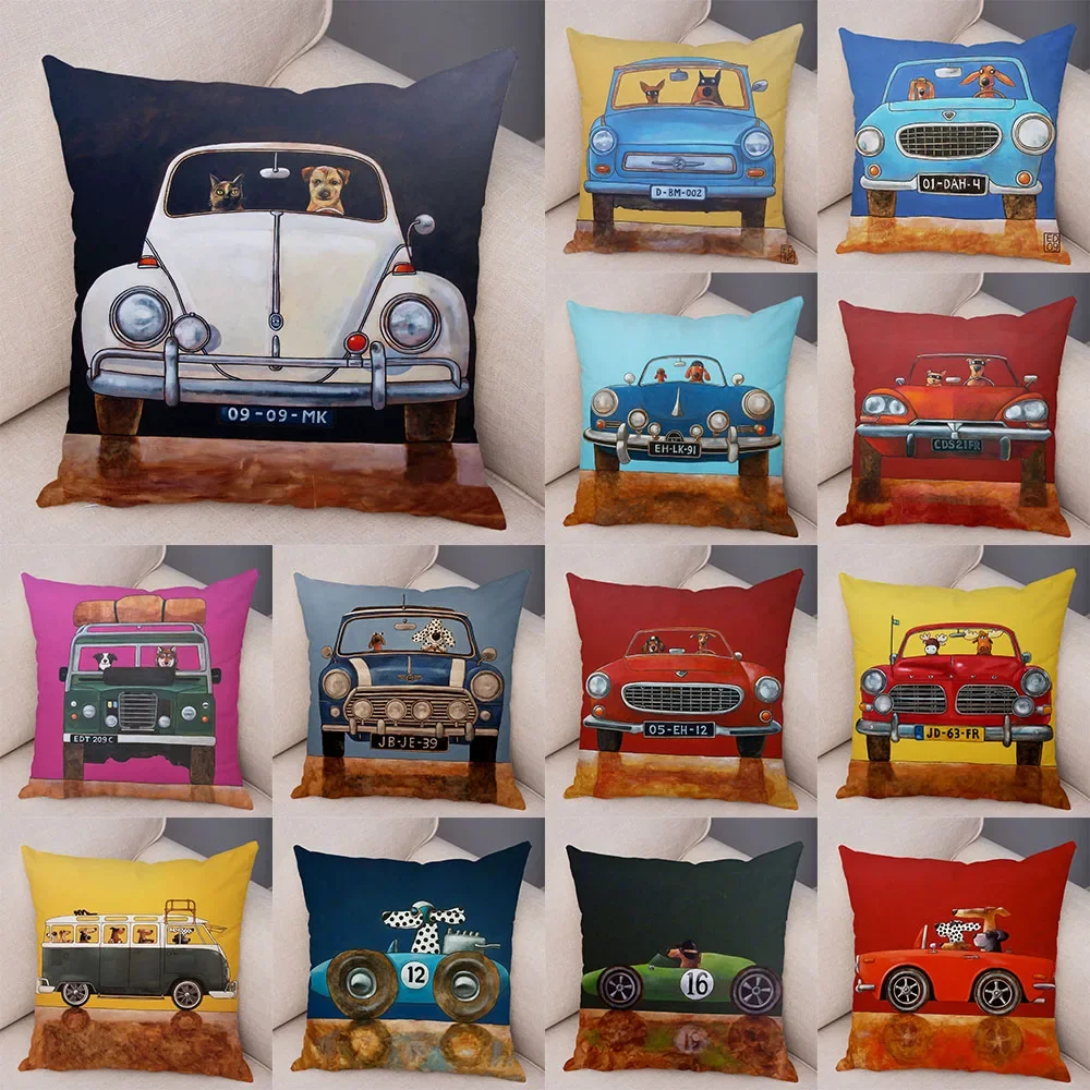 Colorful cartoon driving bus dog cute pet print cushion cover for home living room sofa car decoration pillowcase