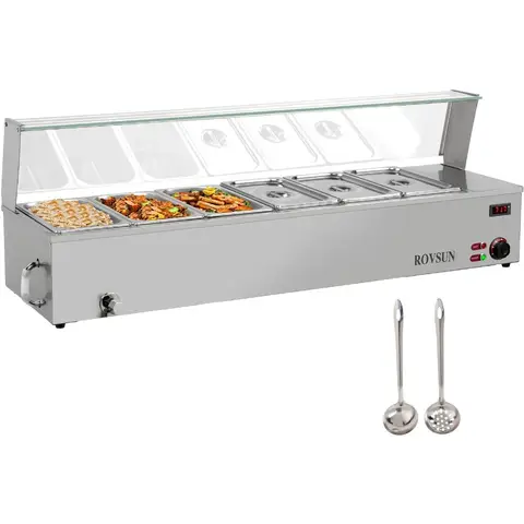 48QT 1500W Electric Commercial Food Warmer 6-Pan Steam Table 8QT/Pan Stainless Steel Bain Marie Countertop with Acrylic Shield