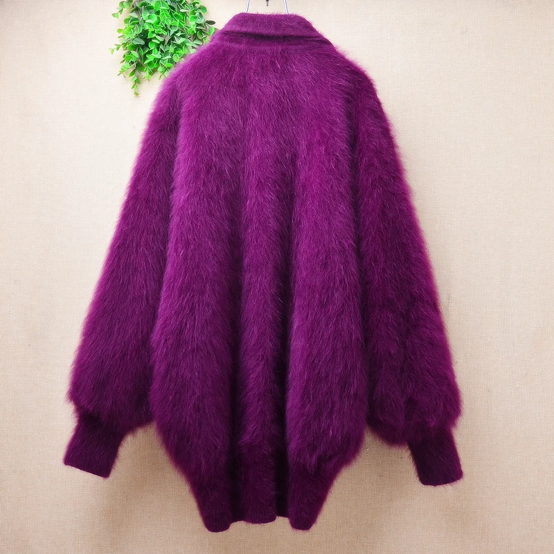 Women Mujer Autumn Winter Purple Vintage Embroidery Beading Angora Rabbit Hair Knitted Long Batwing Sleeves Loose Cardigan Coat