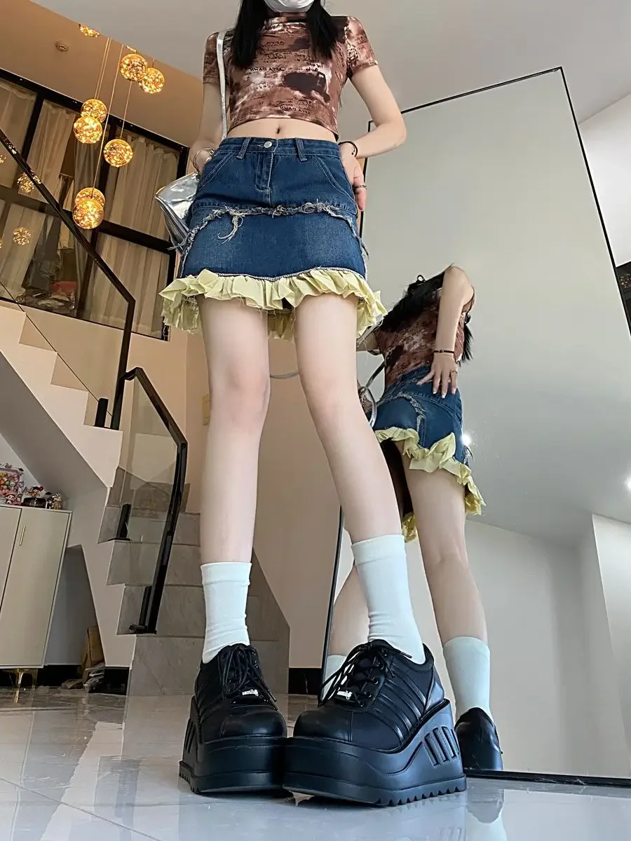 American Retro Lace Stitching Denim Skirt Female Summer High Waist Design Y2k A-line Body Con Deisgn  Niche Short Skirts