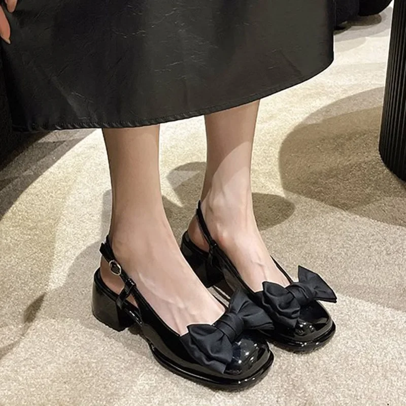 Fashion Heeled Sandals for Women Black Pink Women's New Shallow Bow Women's Shoes Thick Mid Heel Cool Sandals Sandalias De Mujer