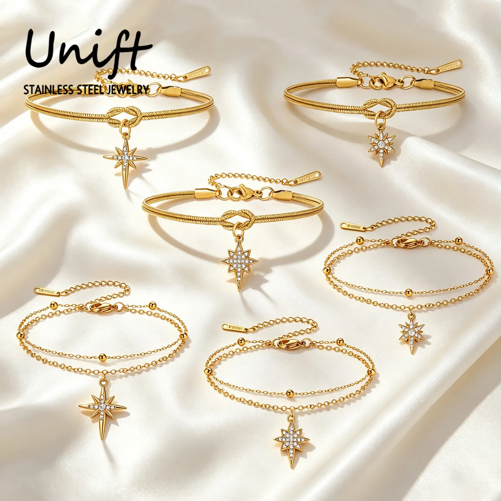 Unift Starburst Bracelet for Women Stainless Steel Eight Point Star Adjustable Chain Gold Color Zircon Bracelet Jewelry Gifts