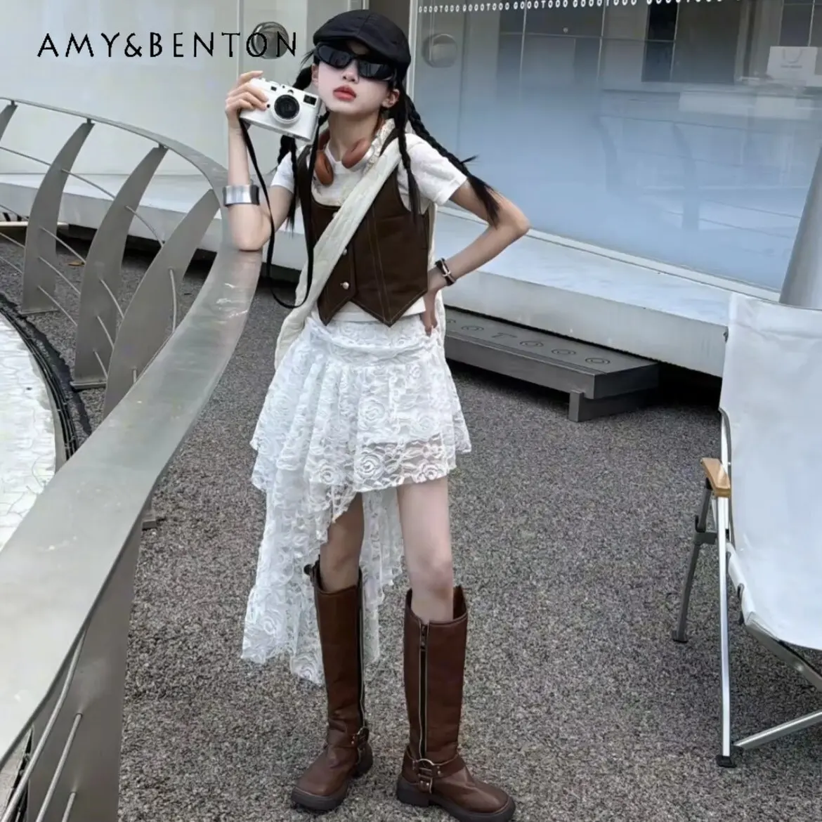 

Girls 2026 Summer New Lace Crochet Hollow-out Asymmetrical Hem Midi Skirt Big Girls Trendy Skirt and Vest Short Sleeves Top Set