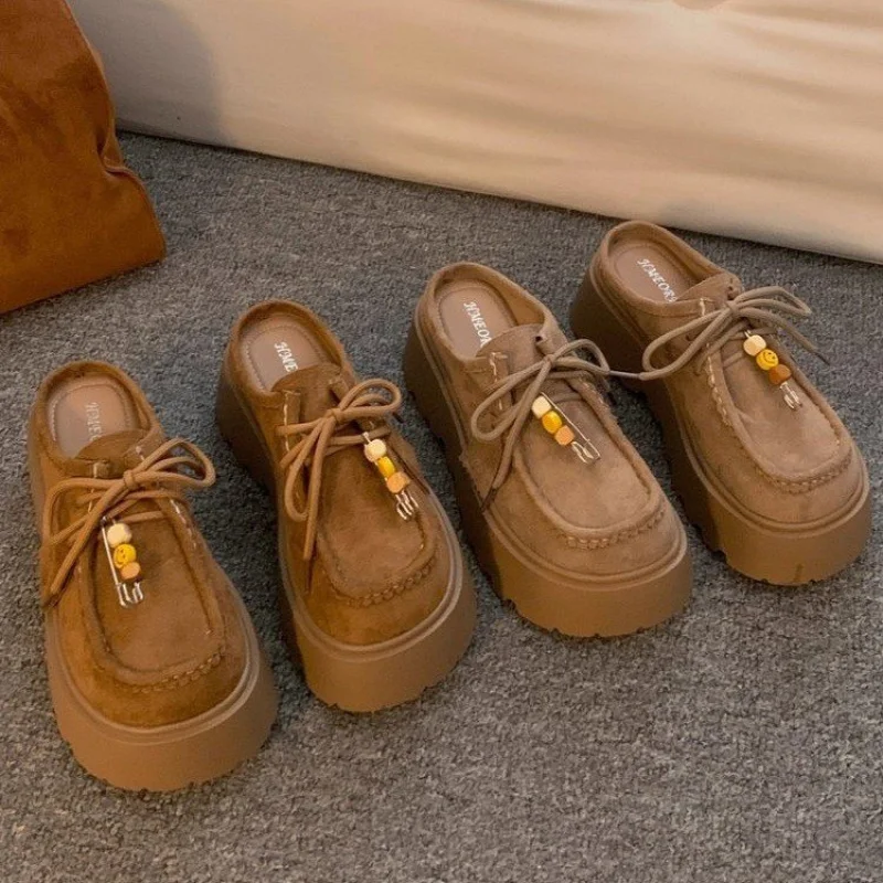 2025 Women's Suede Platform Mules - Cute Smiley Pin Decor Lace-up Loafers Thick Sole Fashion Casual Slip-on Shoes image 5