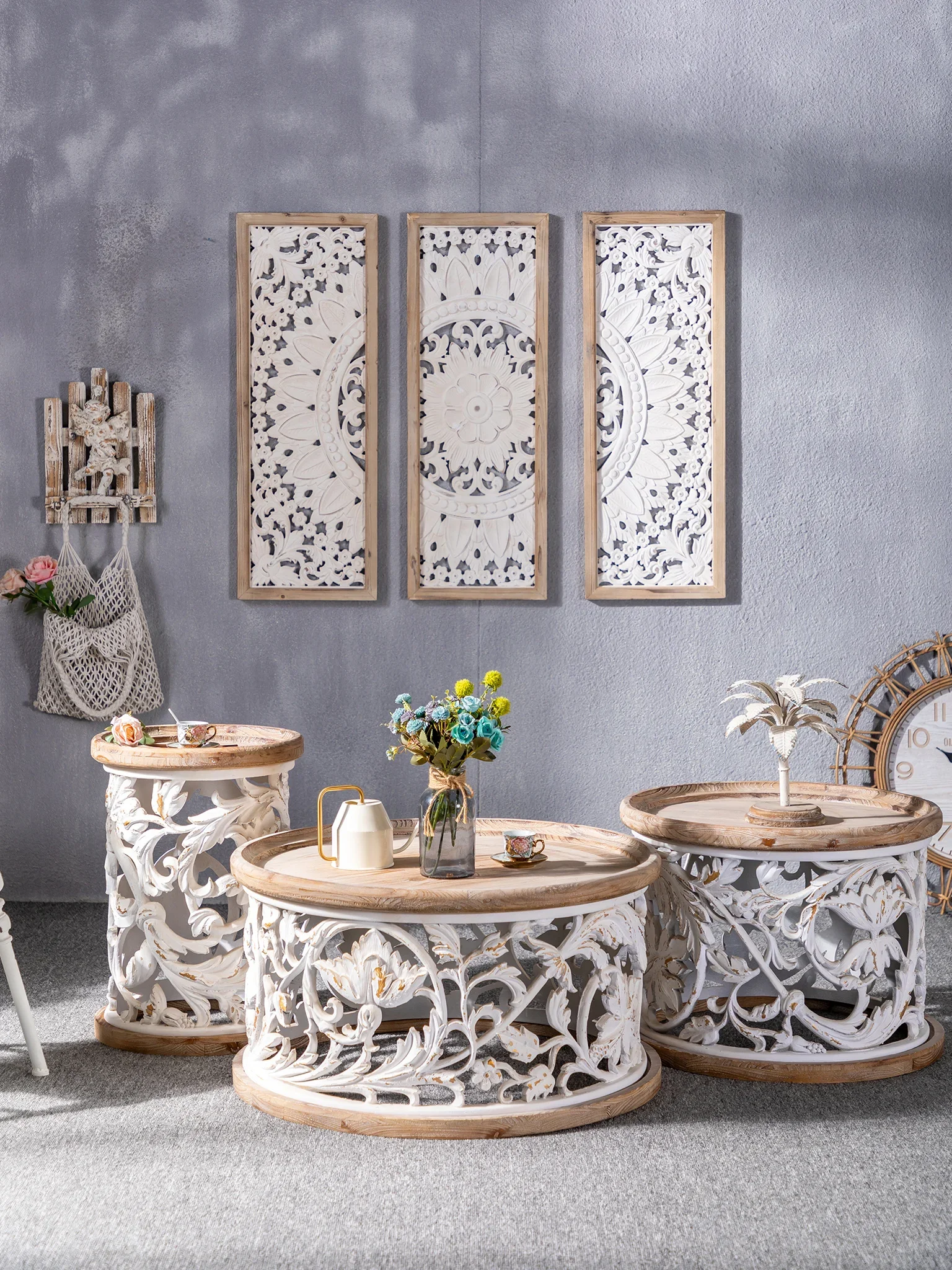 

Resin Carved Living Room Solid Wood Sofa Side Table Balcony Small round Bedroom Bedside Side