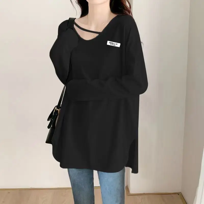 Women's O-neck Long Sleeve T-shirt, Loose Fitting Clothes, Soft Mid Length Top, Monochromatic, Casual, Fashion, Autumn