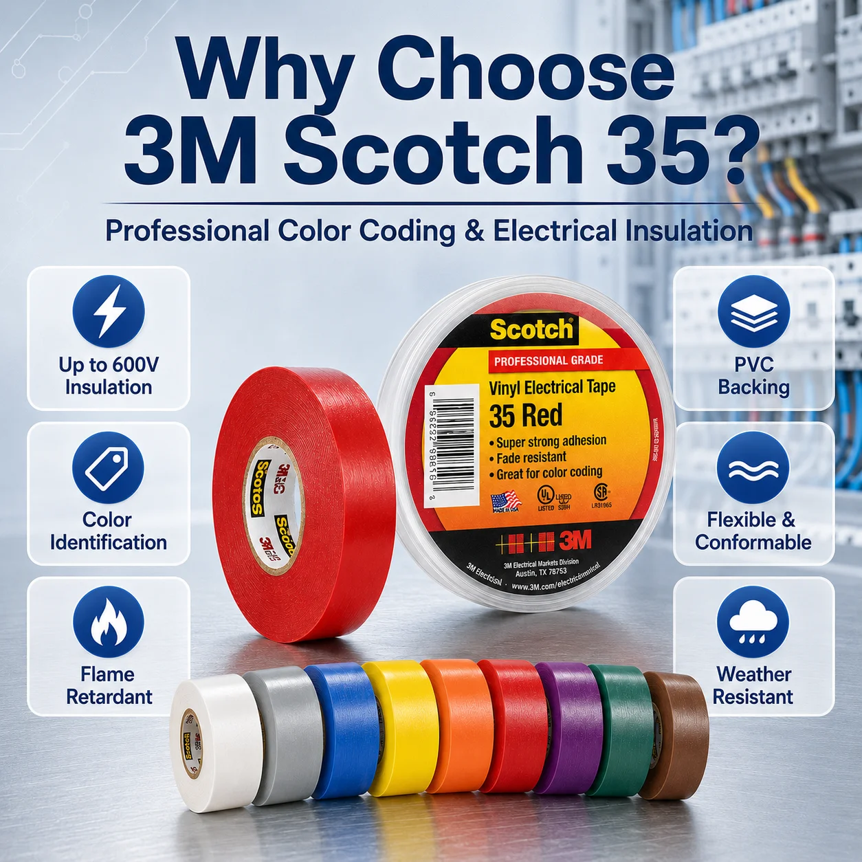 3M Scotch 35 Vinyl Electrical Tape Color Coding 600V Flame Retardant For Wire Cable Phase Identification 19mm x 20.1m