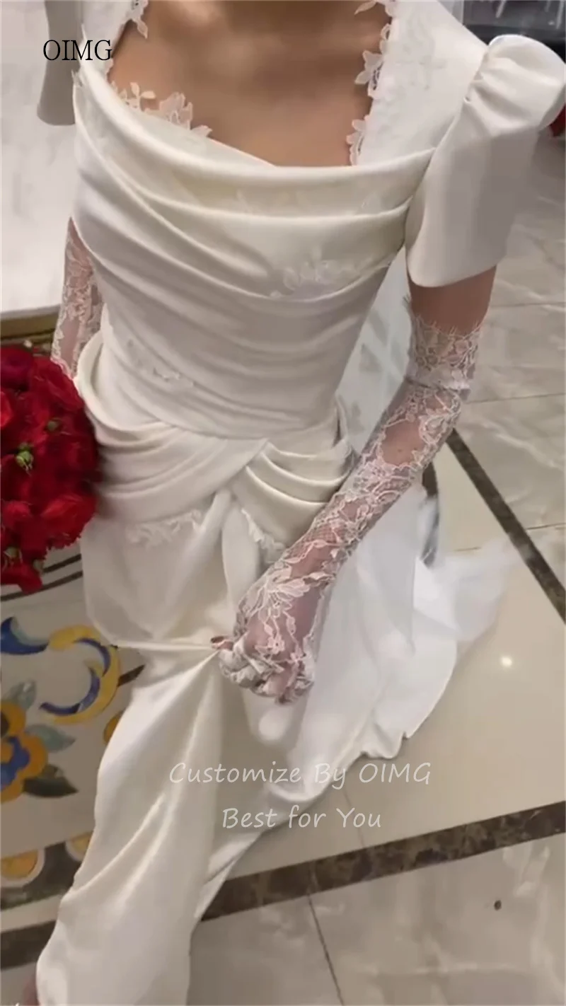 OIMG Simple Lace Mermaid Wedding Dress Square Neck Puff Sleeves Bride Dresses Pleated Floor Length Wedding Gown Customized