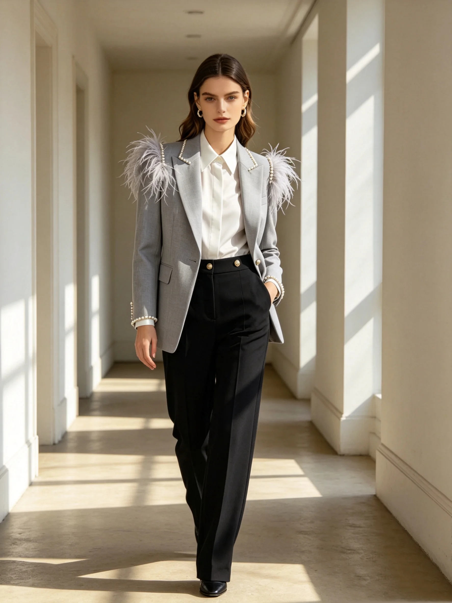 

Feather Grey Black Women Suit Set 2 Pcs Blazer Pants Trousers Cotton Formal Office Jacket Customized Wedding Tuxedo Guest Coat
