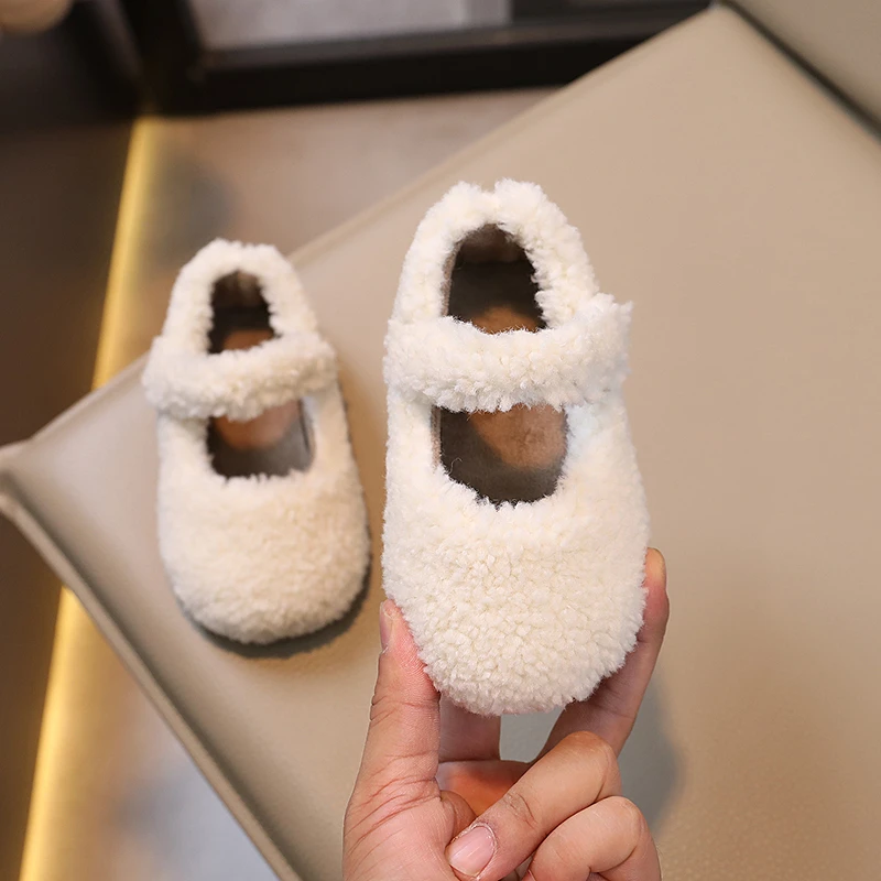 Fashion Children Fur Slippers 2023 Retro Round Head Cotton Baby Girl Princess Winter Plush Warm Home Shoes Non-slip Kids Sneaker