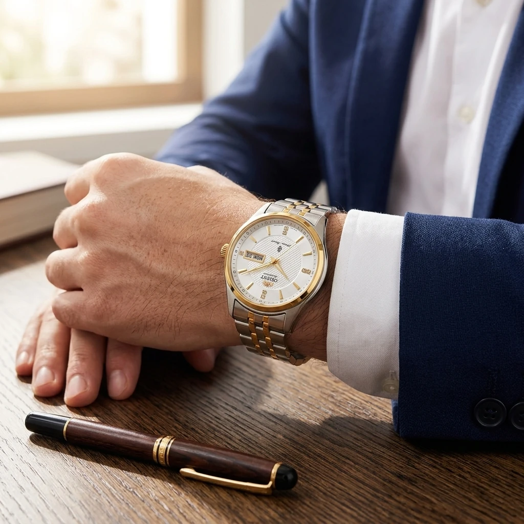 Orient Men Business Automatic Mechanical Watch, Dual Calendar Week Display Crystal Hour Markers Stainless Steel Band Wristwatch view 4