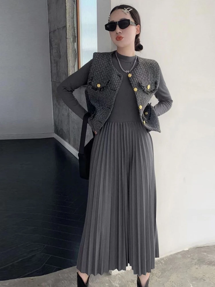 

New Women Small Fragrant Wind Set Dress Spring Autumn Women Fashion Vest Pleated Dress Two Piece Set for Women Casual Outfit