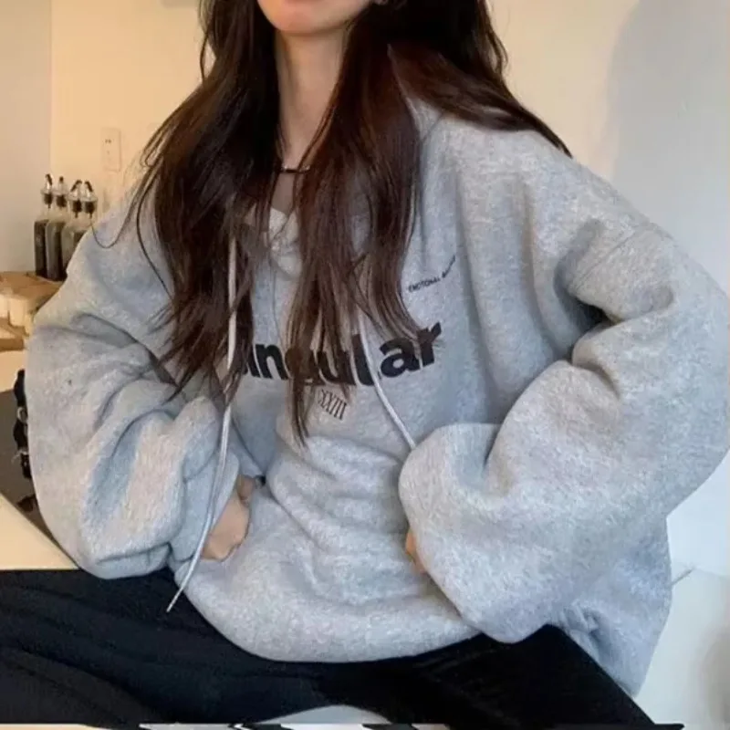 Autumn Winter New Letter Print Hoodies Women Vintage Fleece Loose Hooded Shirt Grunge Sweatshirt Y2k Clothes Oversized Pullovers