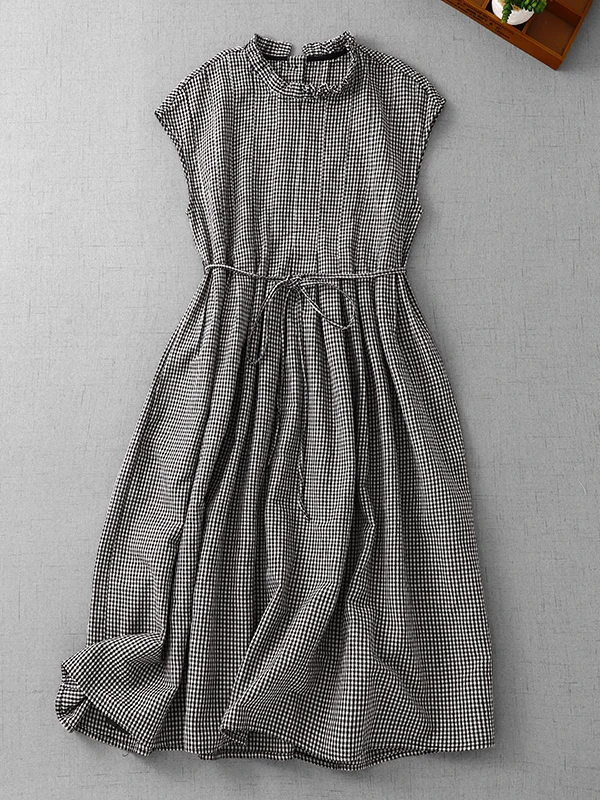 

High-End plus Size Bla White Plaid Cotton Linen Svel Midi Dr with Belt Slimming Women's Faion Casual Summer Dr