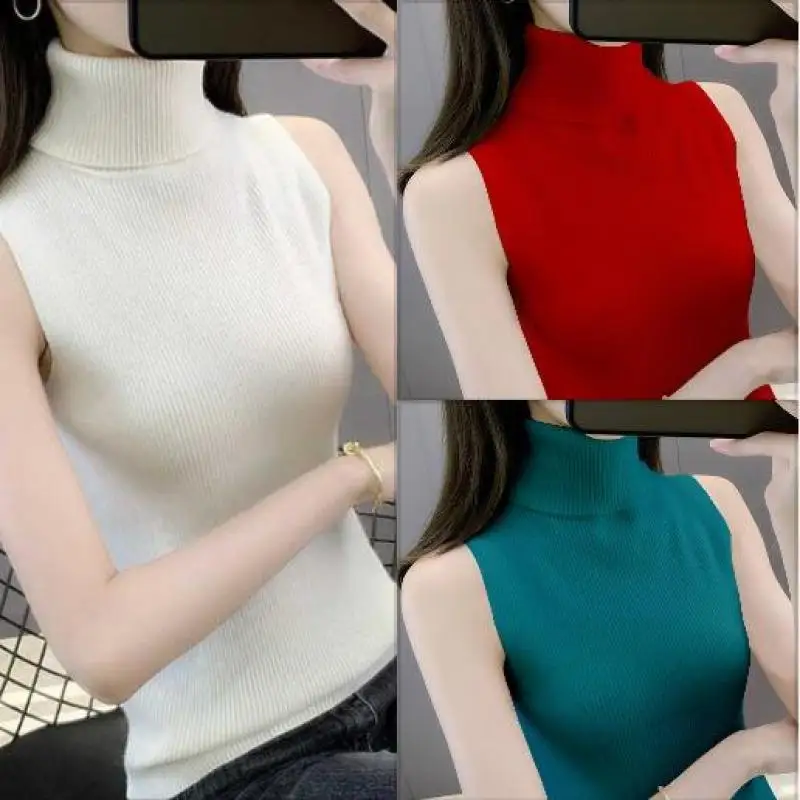 High Necked Knitted Vest Camisole Women Slim Sleeveless Sweater Base Top