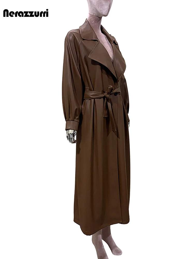 Nerazzurri Autumn Extra Long Soft Brown Fit and Flare Pu Leather Trench Coat for Women Sashes Elegant Chic Luxury Overcoat 2026