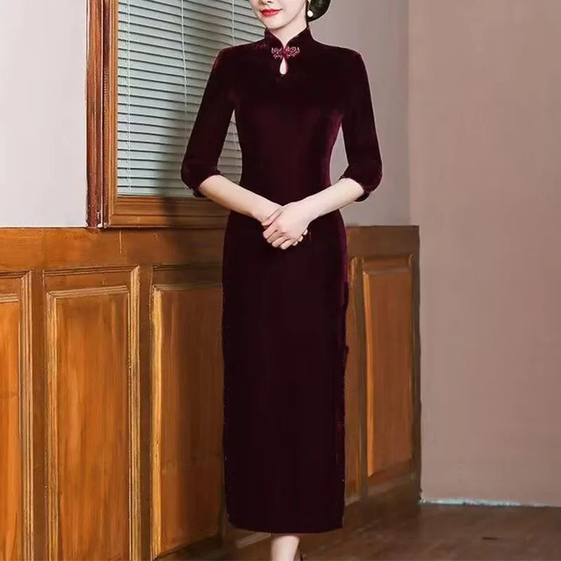 

Gold Velvet Cheongsam High-end New Improved Spring Autumn Temperament Dress Wedding Banquet Dress