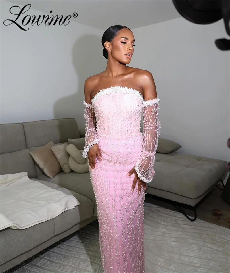 2024 Elegant Pearls Pink Party Dress Strapless Beading Arabic Evening Dresses Customize Prom Gowns With Gloves Robe De Soirée