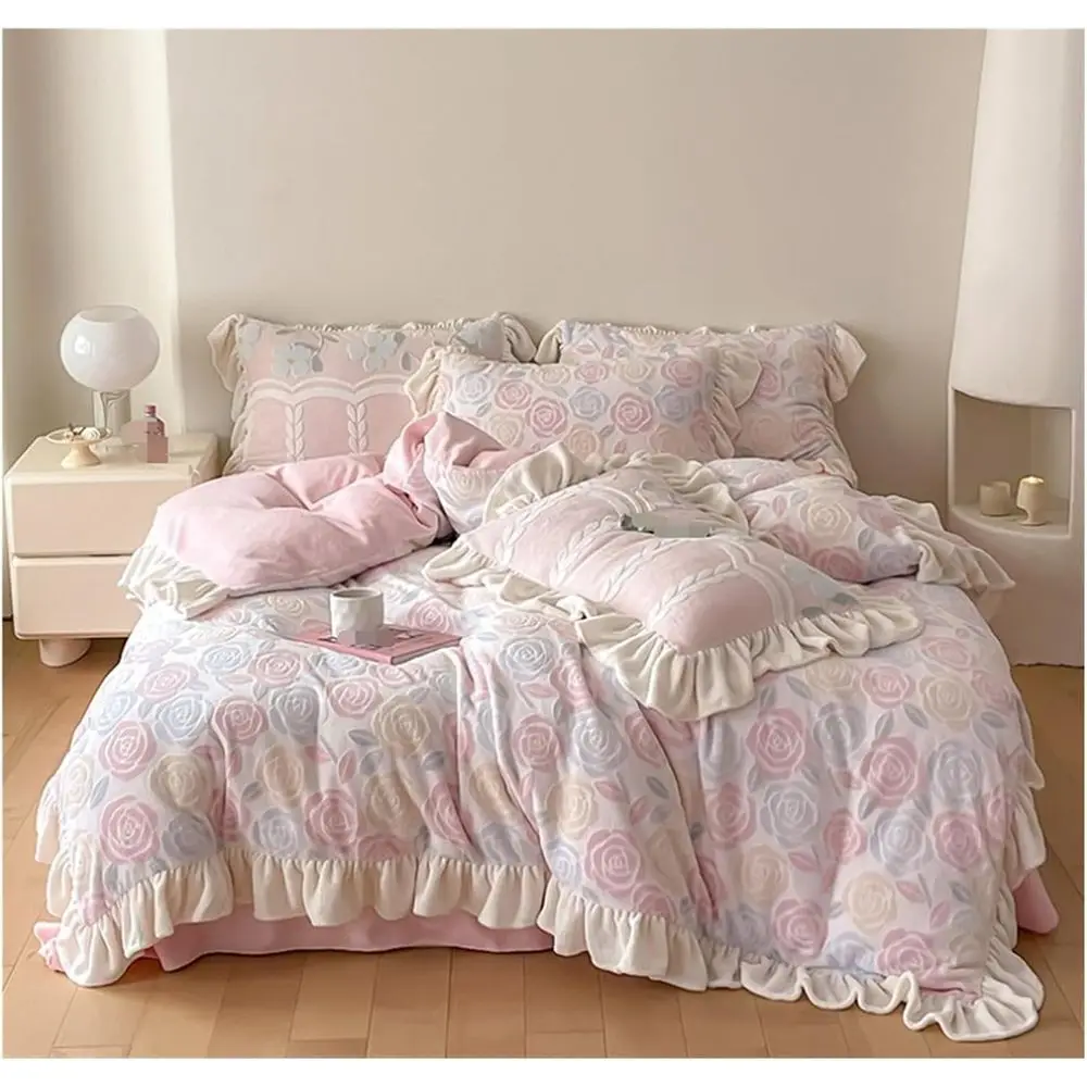 

Comorter Set Queen lower Printing 4 Piece Set Duvet Cover Set Double Sided Velet Bedding Set Warm Set Sot Complete Bedding(B,Que