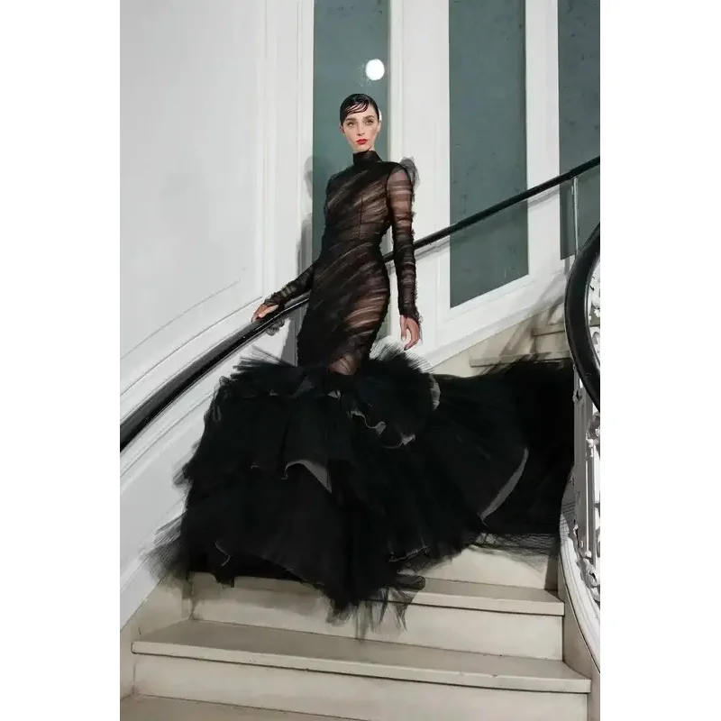 2023 nova moda superior vestido de baile ver através do fiesta exuberante plissado vestidos femininos trompete em camadas vestidos de festa manga