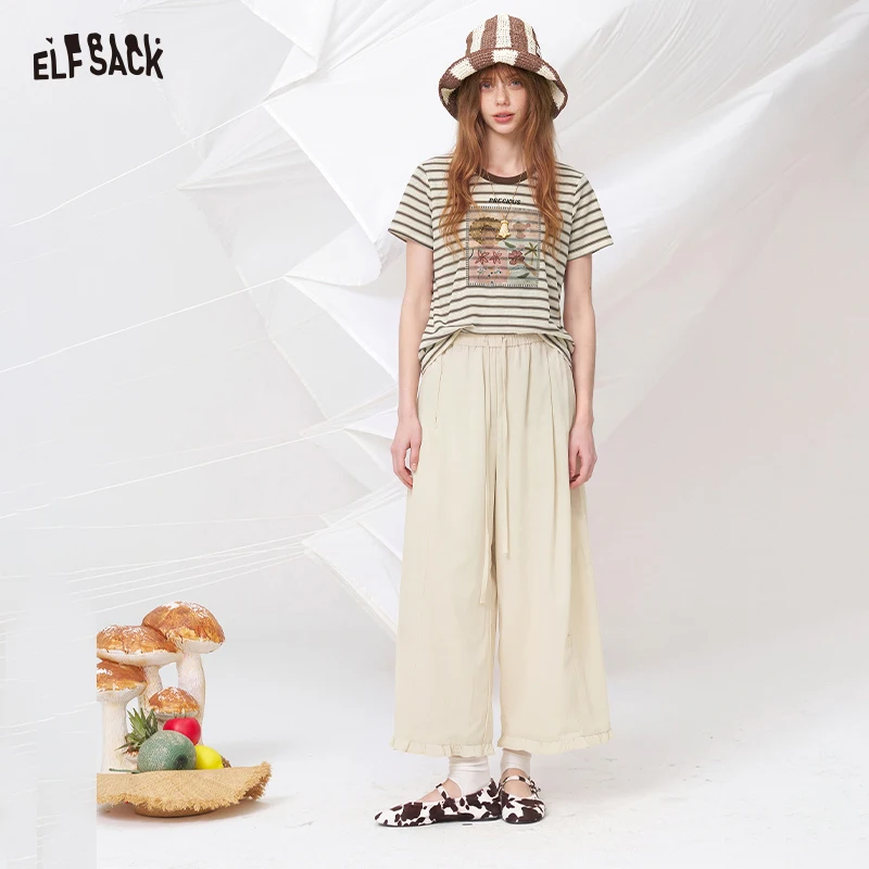 

ELFSACK Women's High Waist Ruched Wide Leg Pants, Casual Loose Fit Solid Color Long Trousers, Summer Breathable Flowy Bottoms