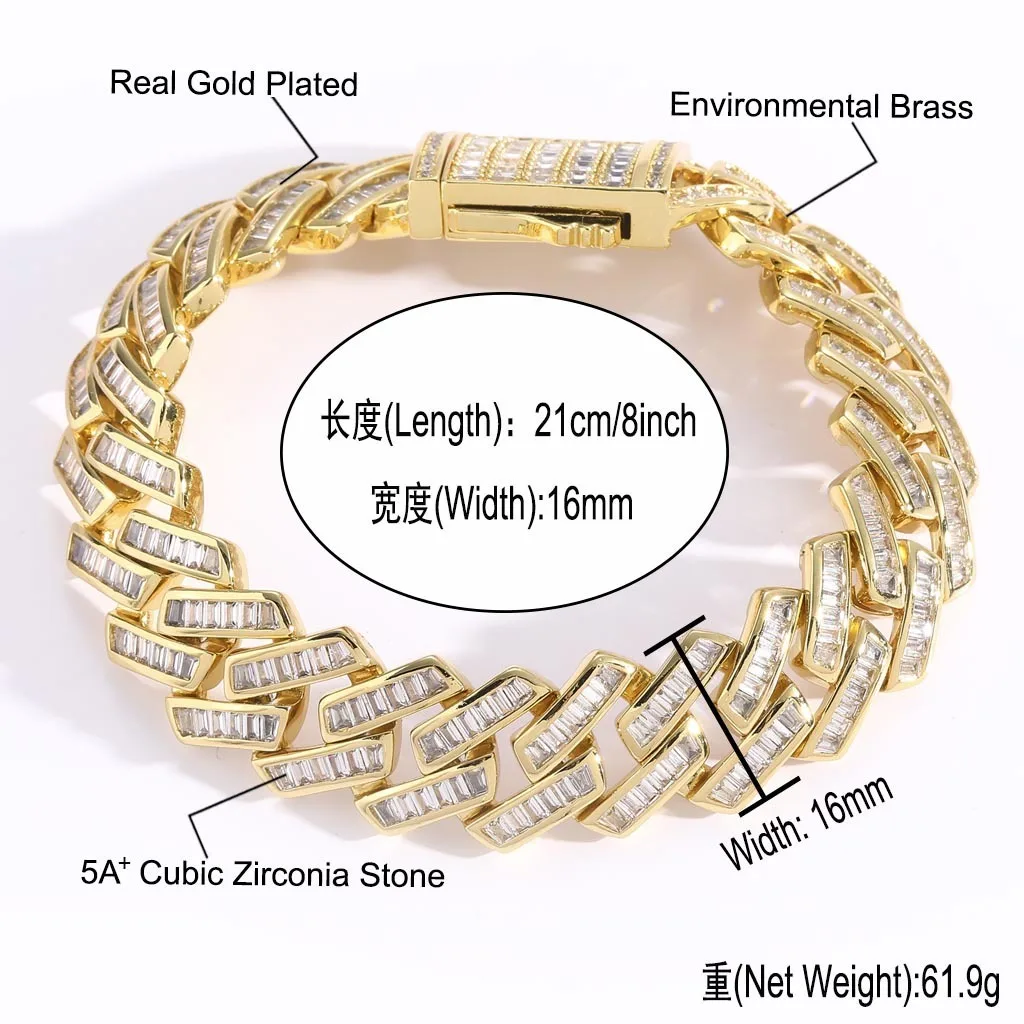 Bracelet 16mmT square zircon spring buckle diamond Cuban chain for men Hip Hop Cuban link chain