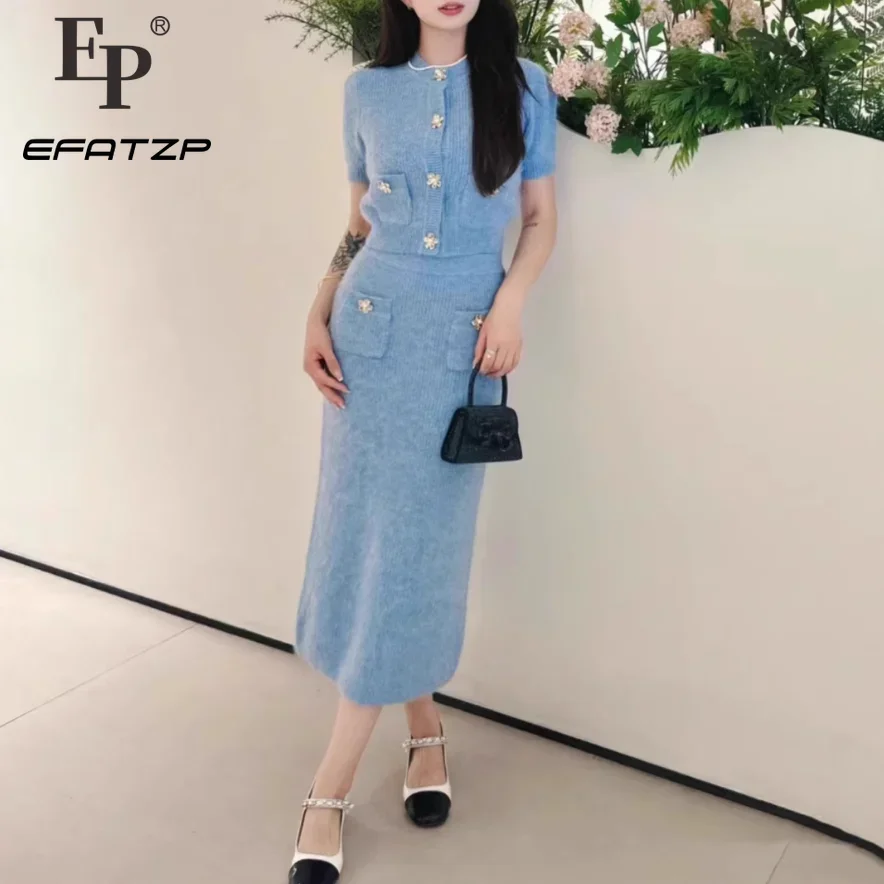 Blue Slim Knited Sweater 2-piece Set Woman\'s 2024 Autumn New Elegant Short Sleeved Top+ Long Skirt Suit 5240263