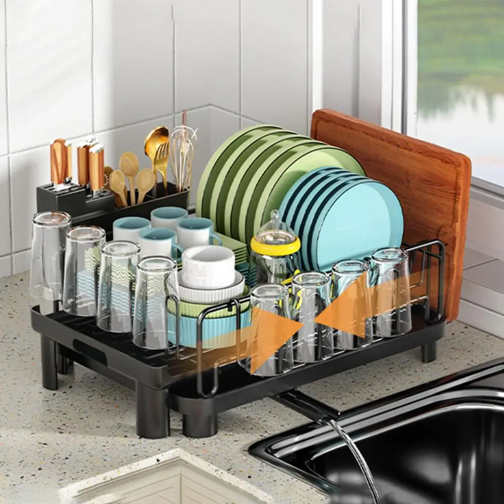 Carbon Steel Dish Drying Rack Adjustable Kitchen Plates Organizer With Drainboard Over Sink Countertop Cutlery Storage Holder ﻿