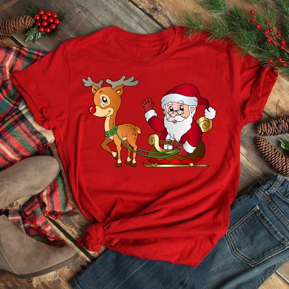 Merry Christmas Women's Fashion Tops Kawaii Santa Claus with Deer Women O-Neck Top T-shirts Fashion T-shirt Women's Y2K Clothing