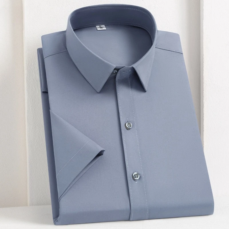 Bamboo Fiber Anti-wrinkle Classic Solid Color Work Blue White Shirt Men short sleeve Slim Fit Big Size men shirts short sleeve