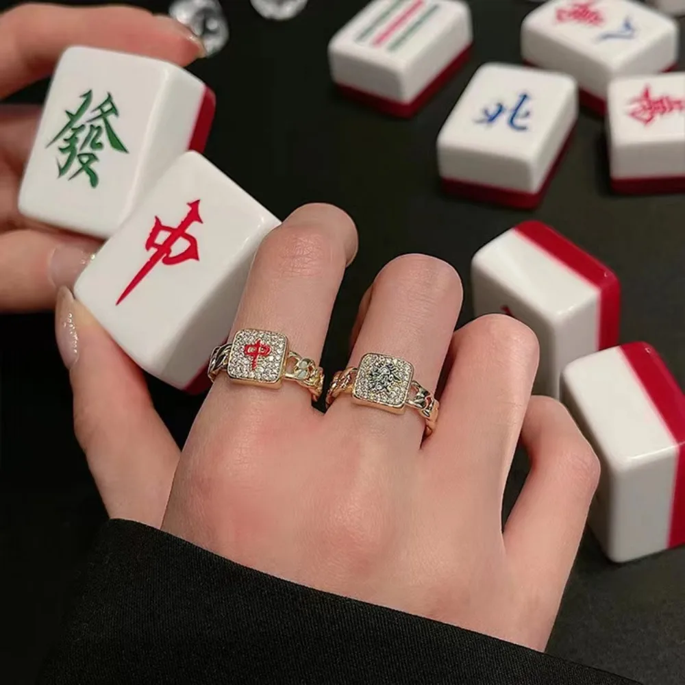 New Chinese Fashion Mahjong Rings for Women Men Player Inlay Full Zircon Sparkling  Luxury Jewelry Creative Lucky Fortune Gifts