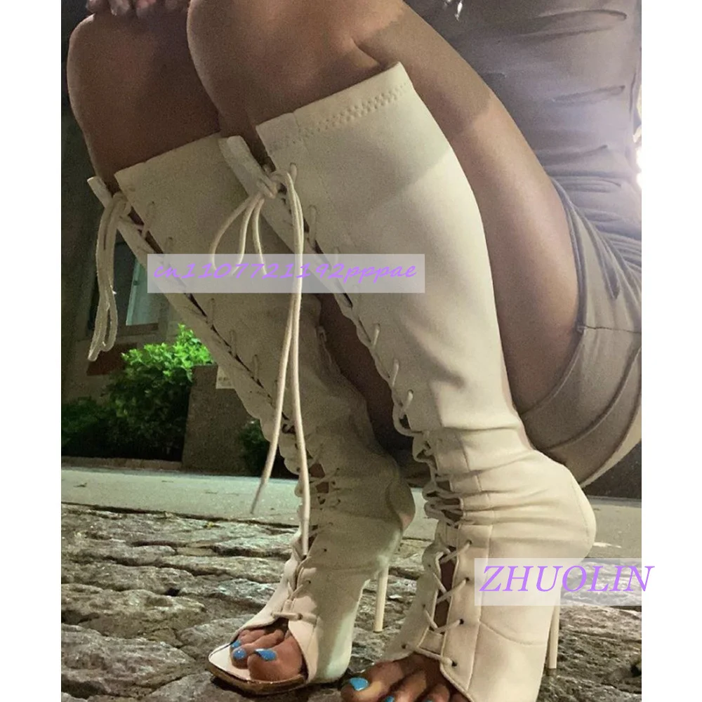 

Летние белые сапоги с открытым носком на шнуровке крест-накрест, женские сапоги до колена с квадратным носком и боковой молнией, модные вечерние облегающие эластичные сапоги