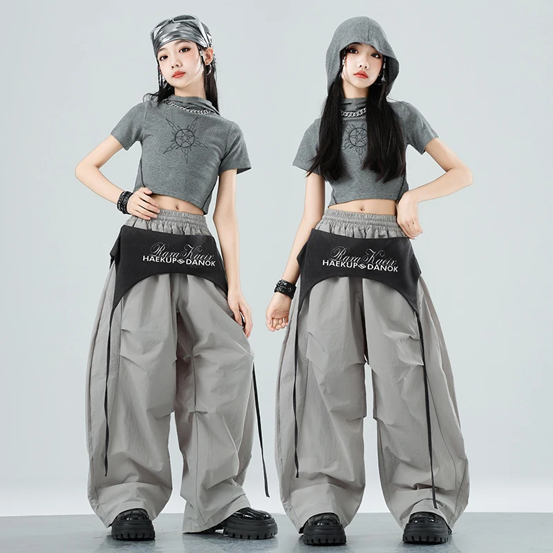 

Girls Street Jazz Dancing Dance Costume Hip Hop Outfit Children Performance Clothes Grey Crop Tops Pants Kids Streetwear XH2680