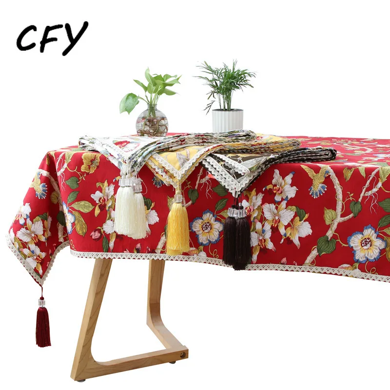 

Chinese Classical Peony Flower Cotton Linen Rectangular Tablecloth Home Coffee Dining Table Fireplace Microwave Cover