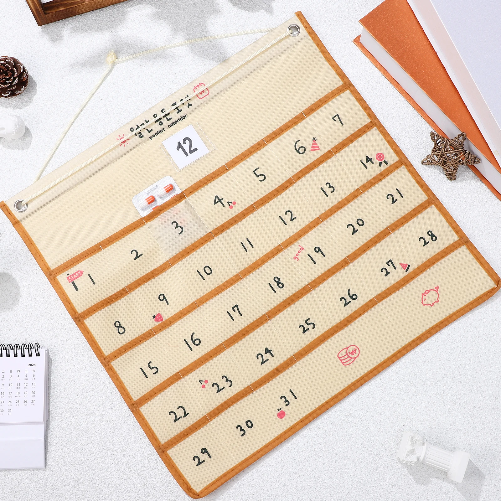 

Nonwoven Monthly Calendar Pocket Wall Hanging Storage Organizer With Lanyard Home Office Decorative Pouch For Keys Cellphone