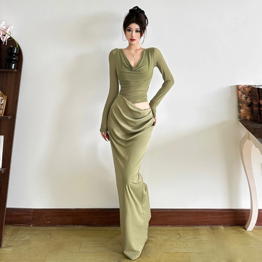 فساتين طويلة أنيقة مكشكشة من SylCue للسيدات، رقبة منخفضة وأكمام طويلة، تصميم مجوف بدون خصر، تصميم عصري غير رسمي