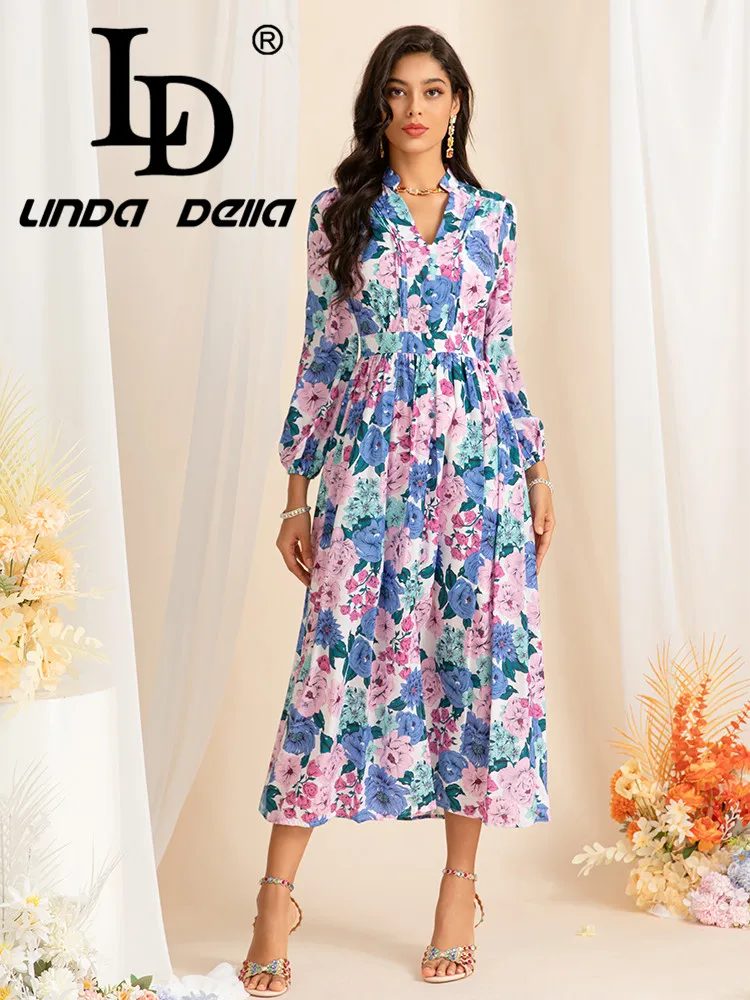 

LD LINDA DELLA 2024 Spring/Summer New Retro Floral Blue Purple Print Flower Ear MIDI Dress Casual Woman