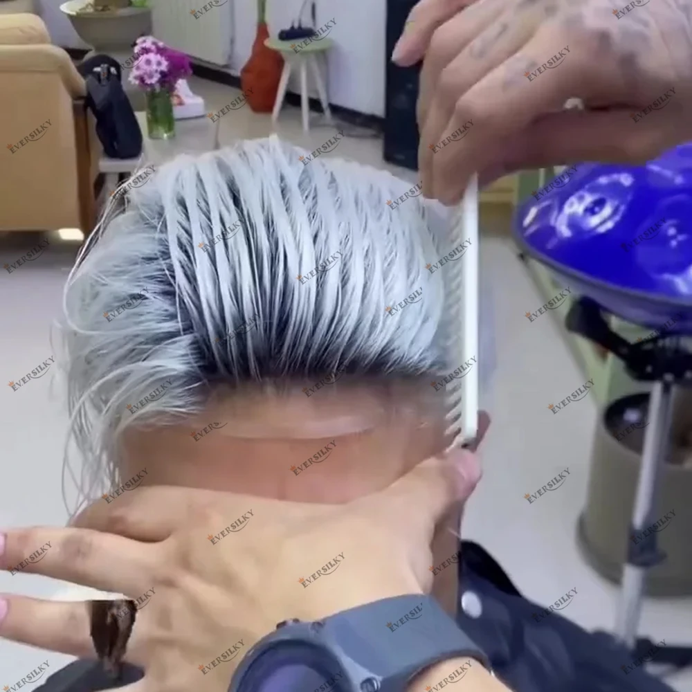 

Lightest Blonde Human Hair Men's Toupee Black Root 1Bt60R Swiss Lace Ombre Color Breathable Male Hair Replacement Invisible Wig