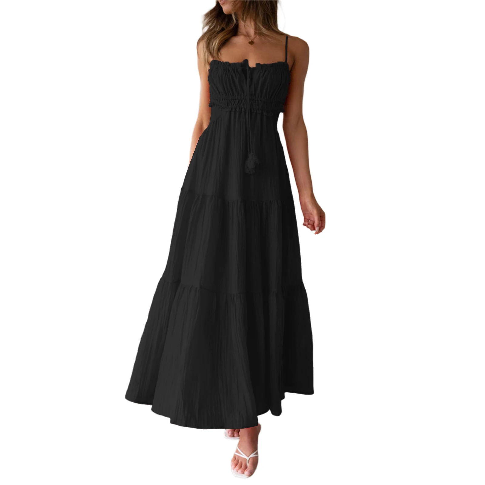 

Women Summer Aesthetic Summer Casual Long Dress Solid Color Tie-Up Sleeveless Backless Dress Fashion Party Sling Dress