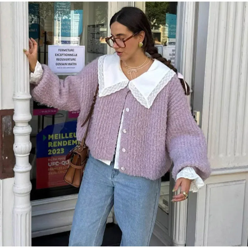 Retro Plush Single Breasted Cardigan Women Elegant Loose Solid O-neck Short Sweaters Female Winter Autumn Chic Street Knitwear