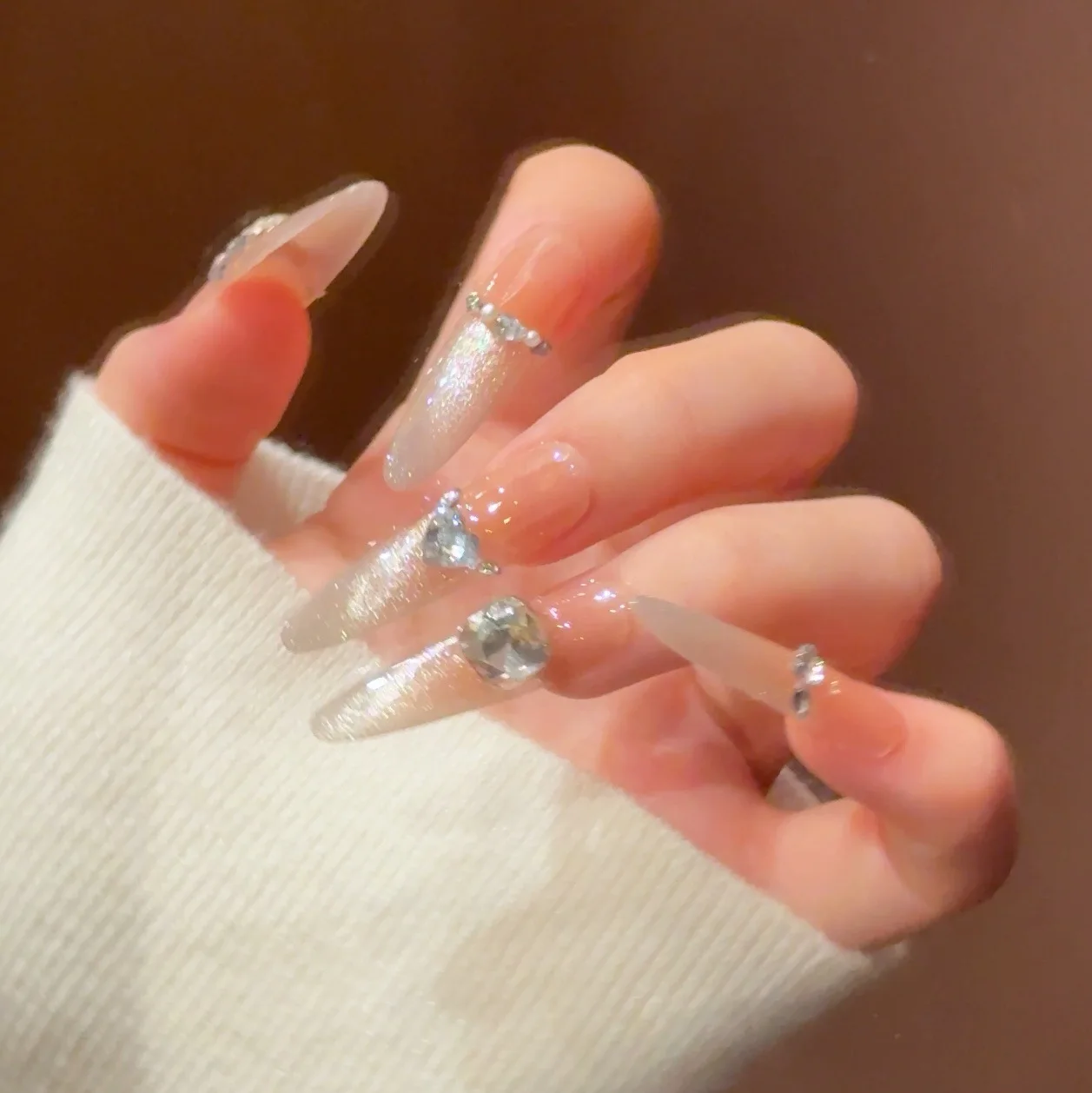 Premium White Enhancing Nail Art Glitter Nail Strips French Wearable False Nails Detachable Long Style Nail Patches