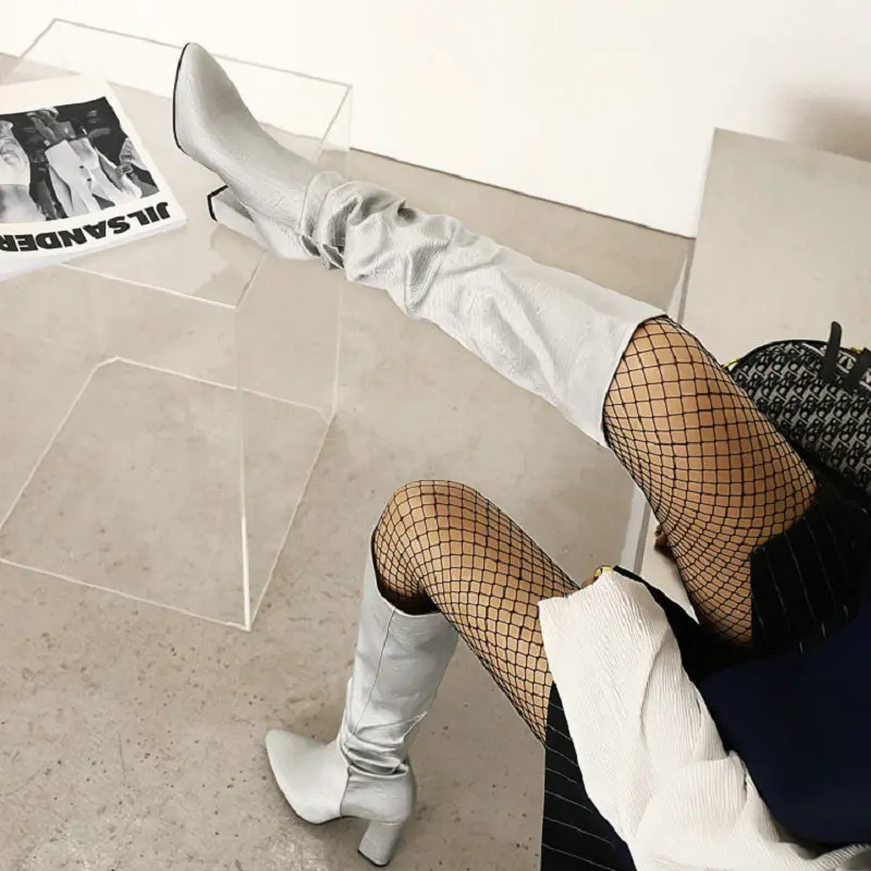 

Silver Winter Fashion Woman's Shoes Pleated Design Pointed Toe Block High Heeled Overknees Womens Over The Knee Heels Long Boots